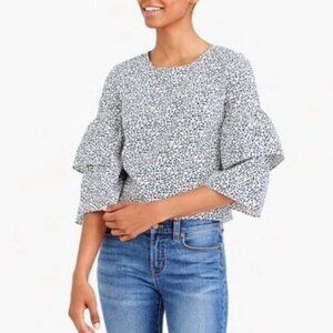 JCrew Mercantile Boxy Floral Blouse Bell Sleeve in Blue